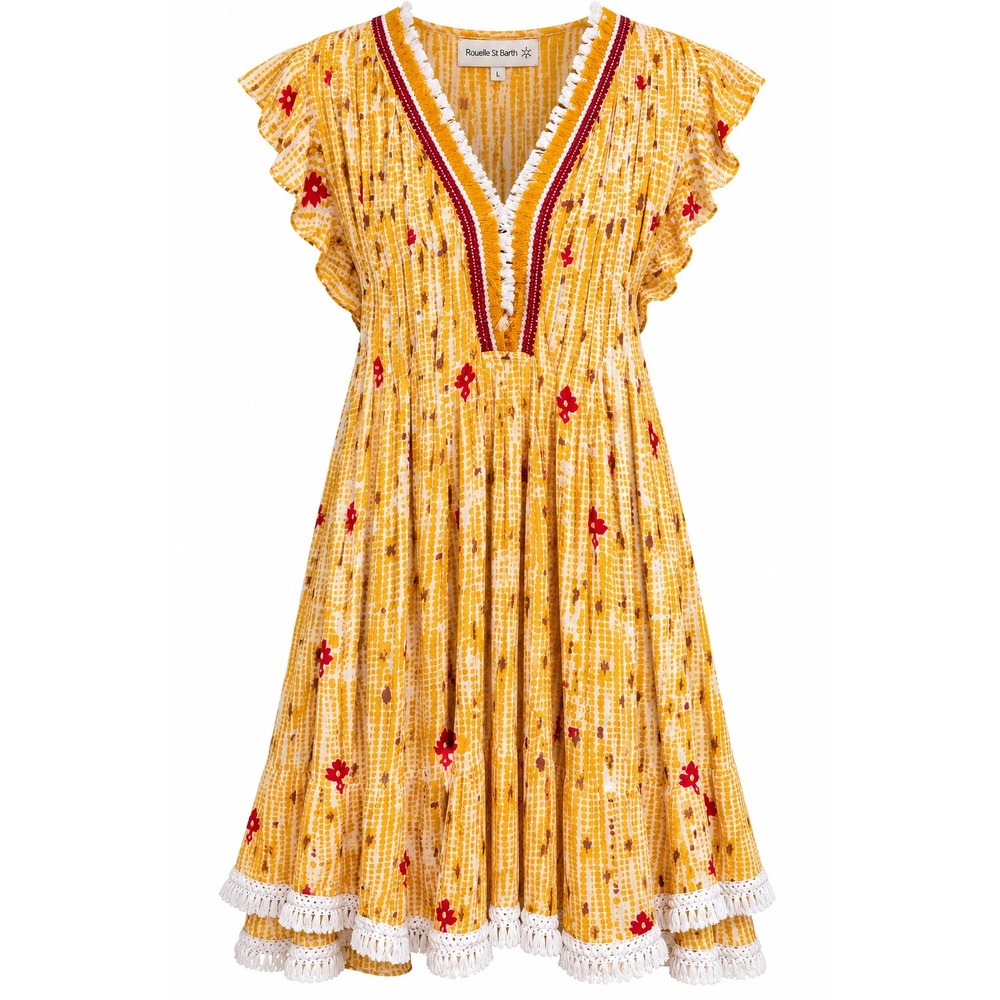 Rouelle St Barth Dress L Yellow Boho Resort Fringe Tassel Flutter Sleeve Floral
